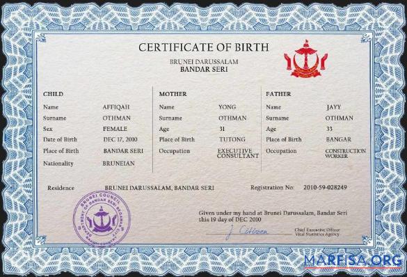 Printable Brunei vital record birth certificate PSD template